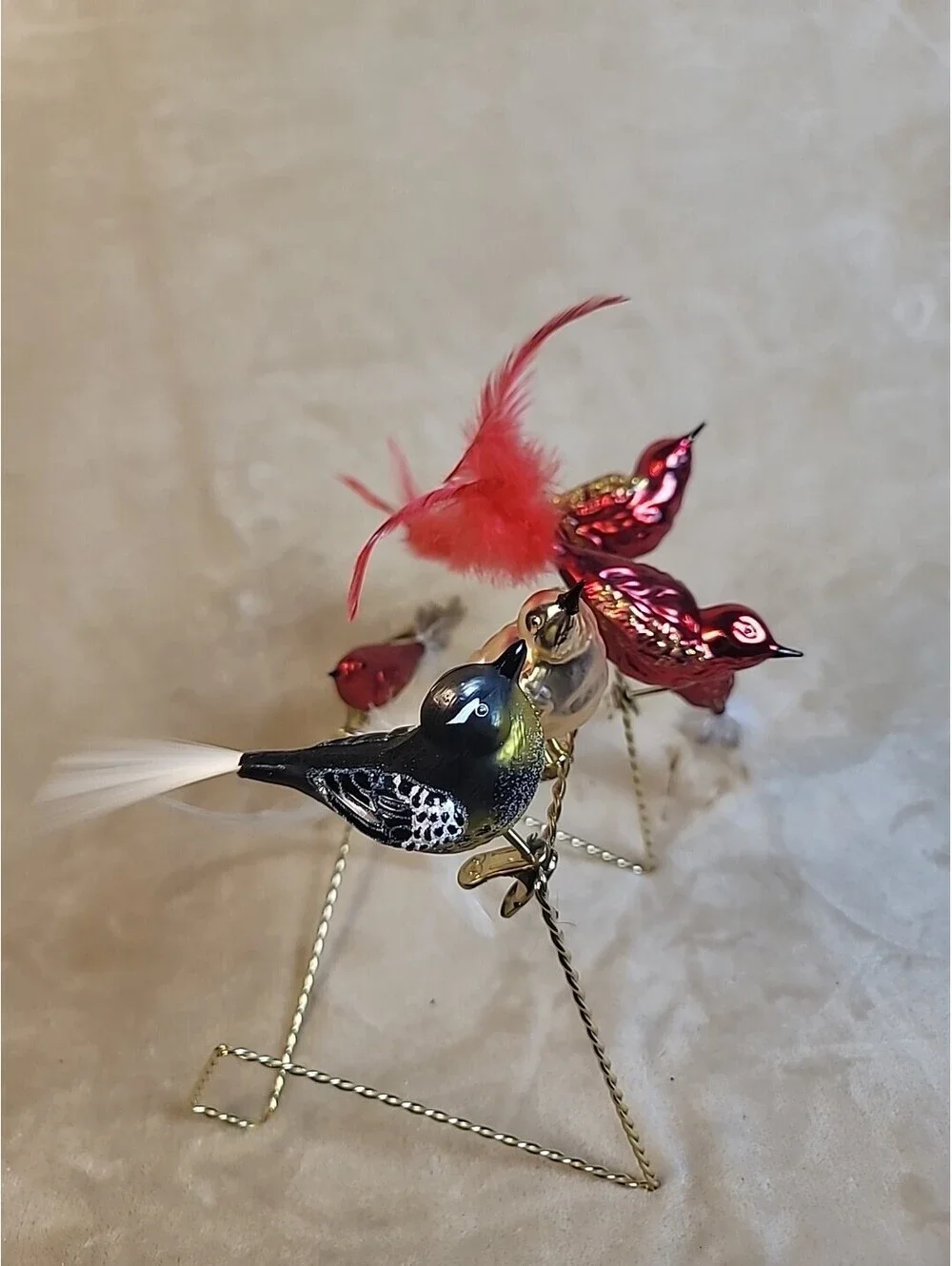 5 Vintage Mercury Glass Clip on Bird Christmas Ornaments Feathers & Spun Tails